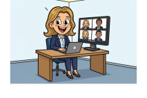 Cartoon avatar of Writing Coach meeting with people online.